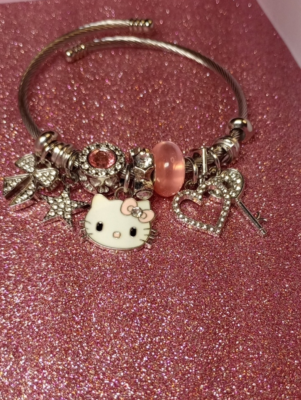 Hello Kitty Silver Charm Bangle with Pink Glass Bead and Crystal Charms